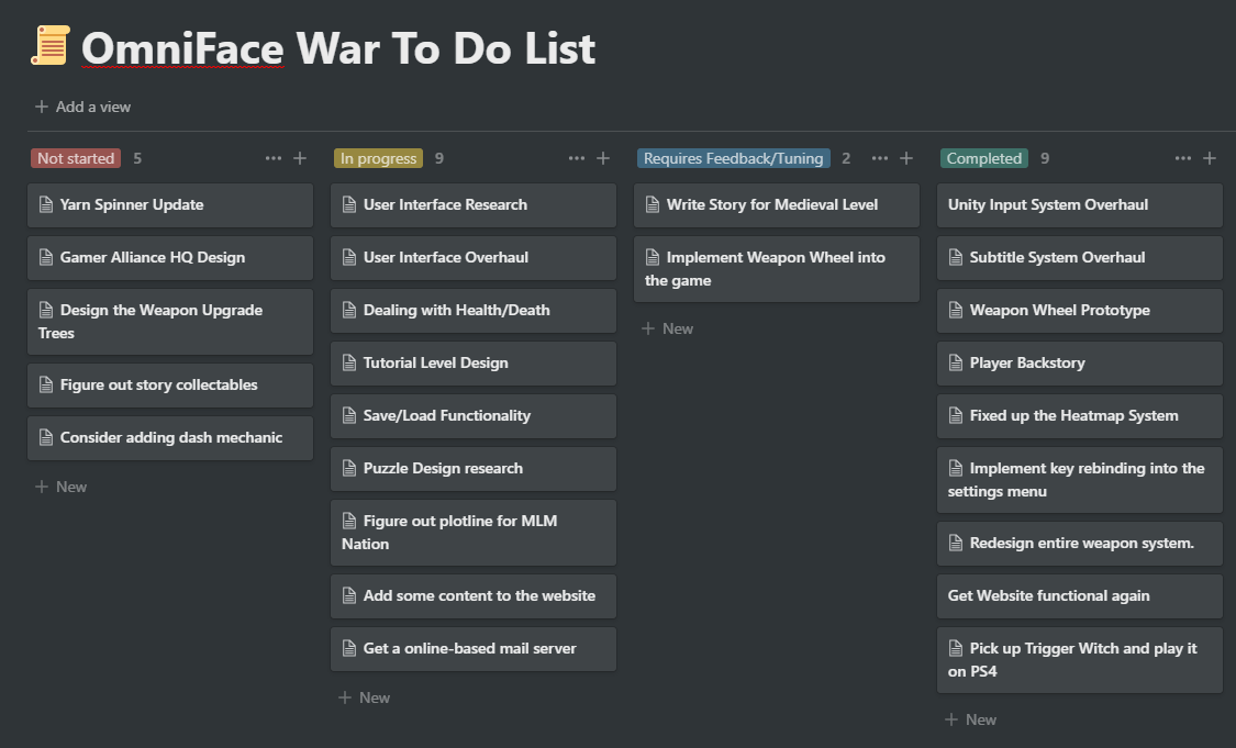 OmniFace War To Do List